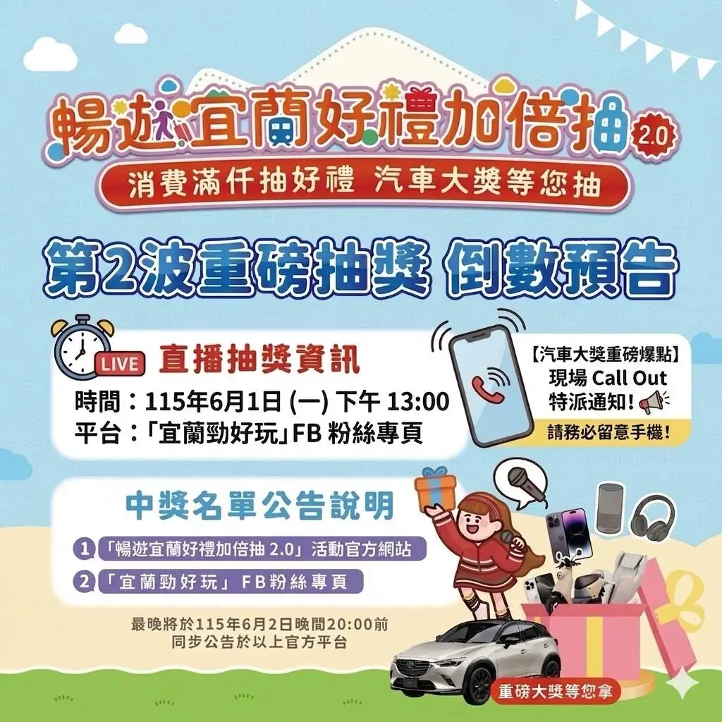 【倒數預告】暢遊宜蘭好禮加倍抽 2.0｜第 2 波重磅抽獎✨ 2